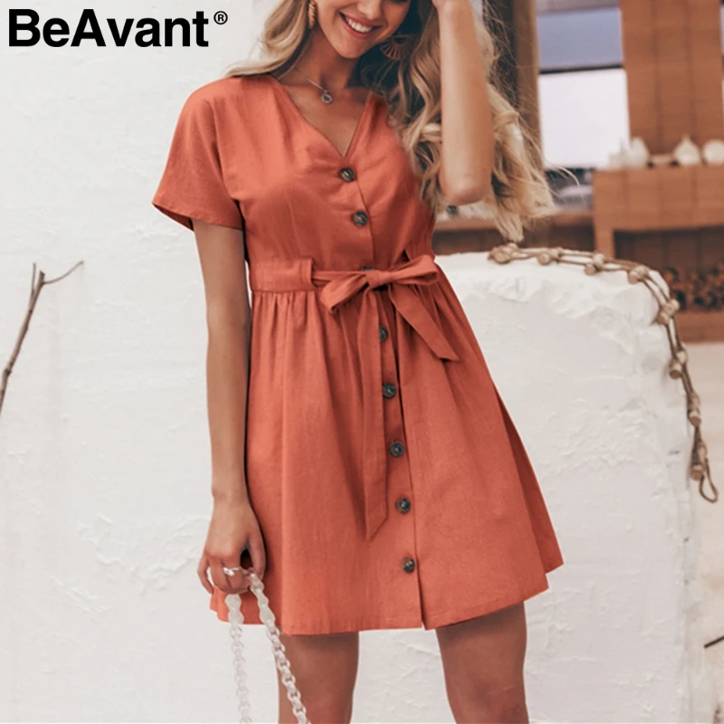 Платье женское Летнее льняное с v образным вырезом коротким рукавом и