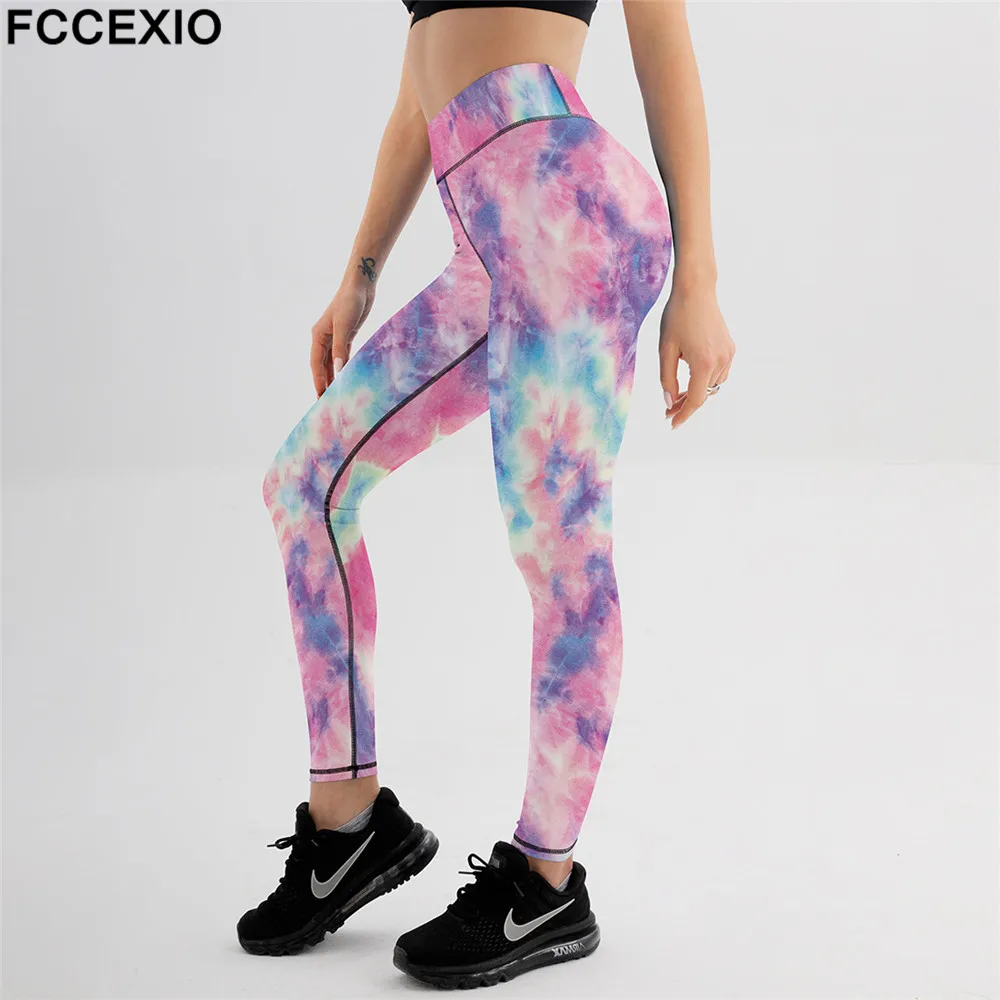 

FCCEXIO 6 Colors Tie-Dye 3D Print Women Sexy High Waist Elasticity Leggings Push Up Strength Pants Summer Fitness Run Trousers