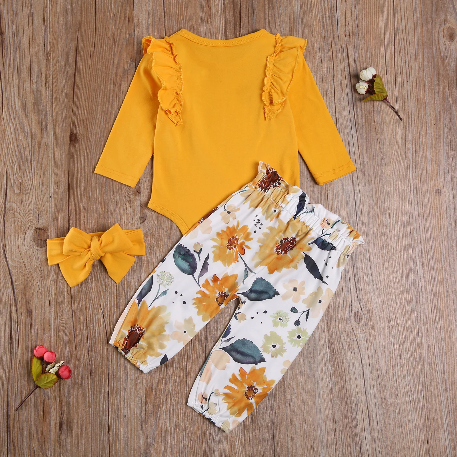 

2021 New Spring 0-24M Baby Girl 3Pcs Set Flared Long Sleeve Yellow Bodysuit+Bow Sunflower Print Pants+Headband Toddler Clothes