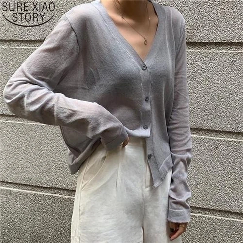 

Summer Cardigan Women Long Sleeve Cardigan Korean Cropped Casual Knitted V Neck Thin Ice Silk Tops Sunscreen Shirt Blusas 13482