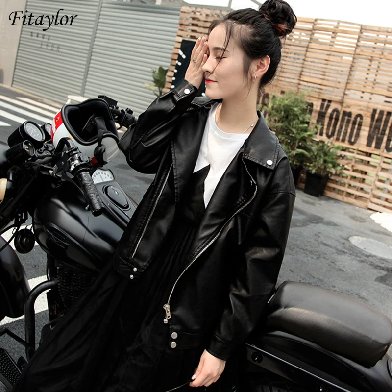 

Fitaylor 2022 Spring Women Casual Loose Soft Pu Motorcycle Punk Leather Coat Faux Leather Jacket Female Zipper Rivet Outerwear