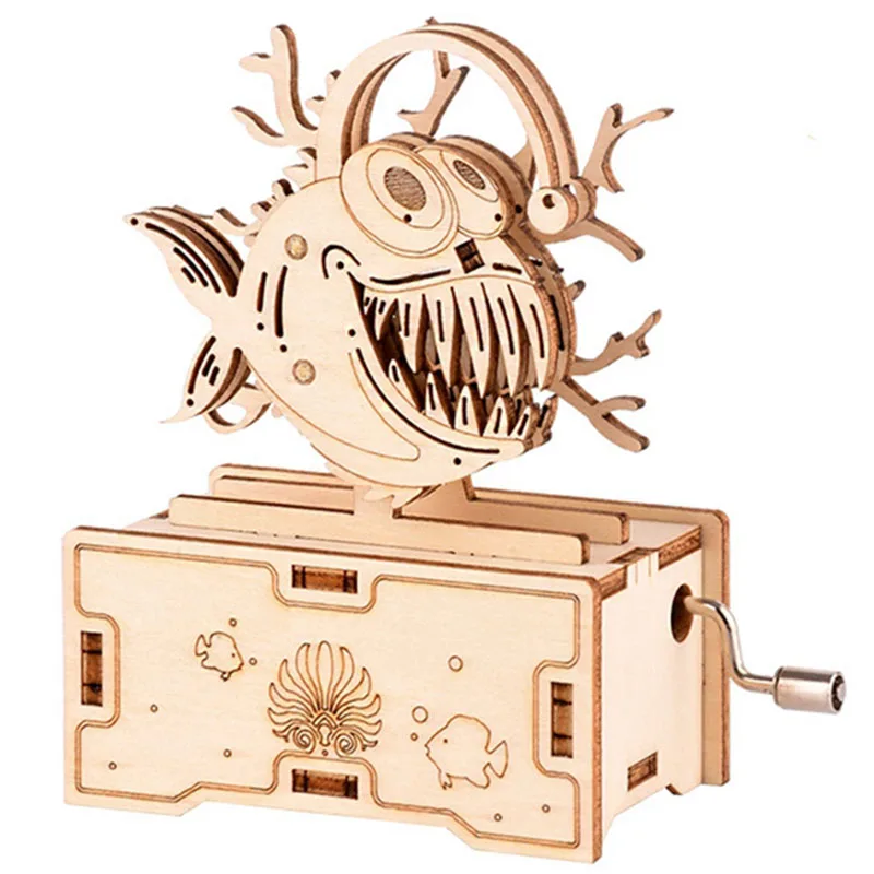 

3D Puzzles Wooden Lantern Fish Hand Crank Music Box Assembly Toy DIY Assembled Mode Model Building Block Kits Gift