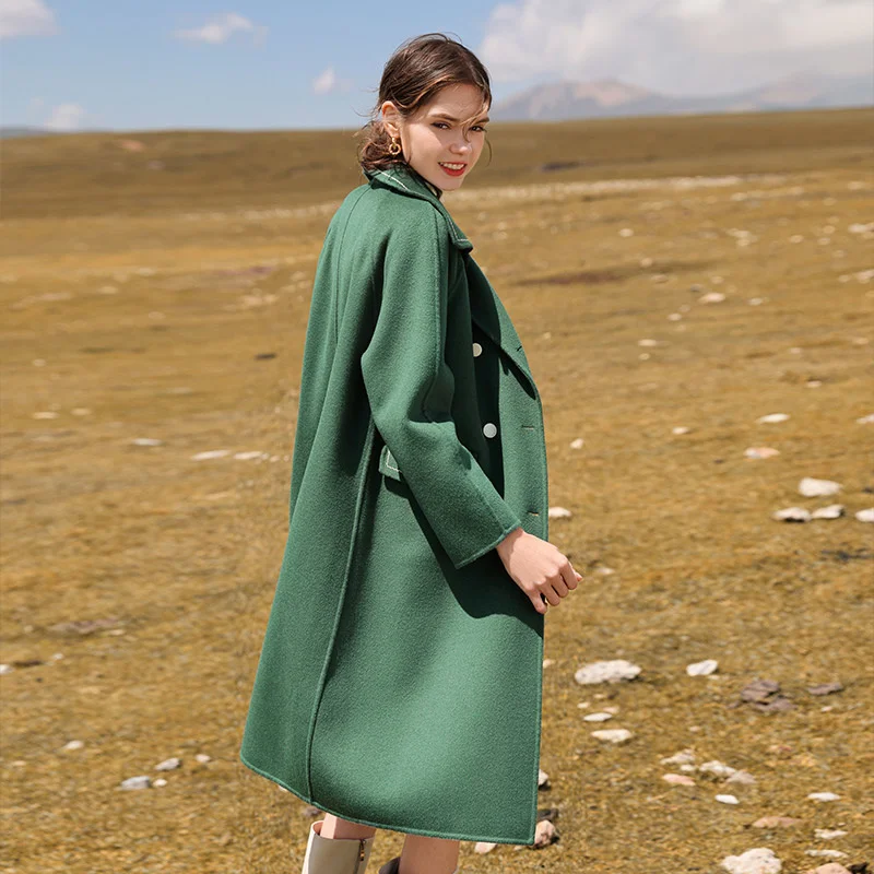 

SHZQ Double Sided Tweed Coat Women's Winter 2021 New 100% Wool Medium Length Lapel Green Tweed Coat