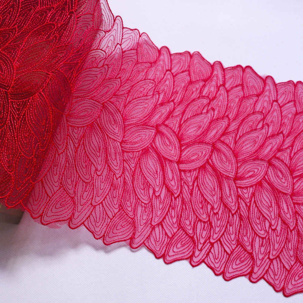 

1 Meter 19 cm Width Leaves Embroidered Lace Trim Lace Appliques Sewing Lace fabric Red Mesh for lingerie Dress Decorations DIY