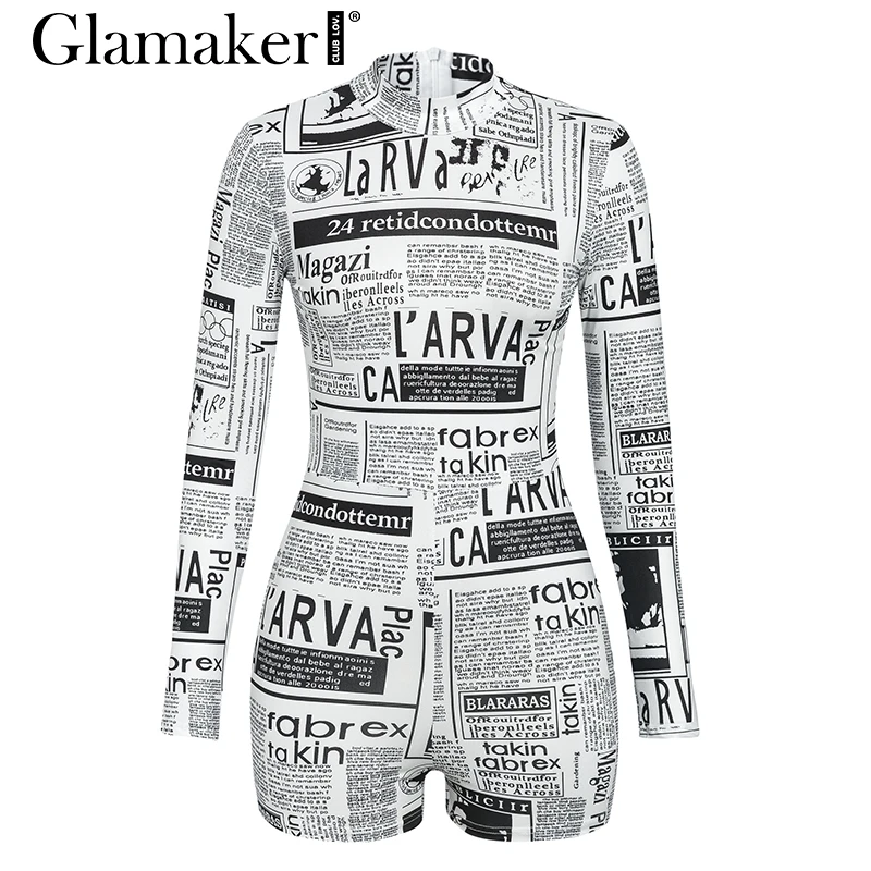 Glamaker газетный принт круглый вырез сексуальный короткий комбинезон с длинным рукавом облегающий вязаный женский комбинезон осенний зимний элегантный комбинезон