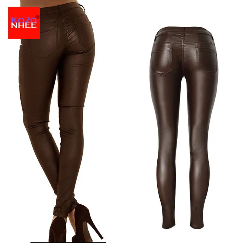 Женские штаны из искусственной кожи Стрейчевые коричневые женские эластичные