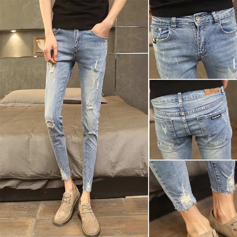 

Wholesale 2021 Men's Fashion Pants School Students Hole Denim Slim hair stylist Strentch Ripped Tights Pencil Teenagers Trousers