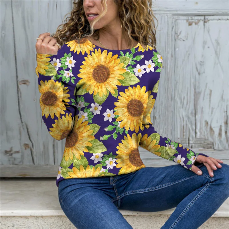 

Autumn 2021 Sunflower Flower Print T-shirt Women Retro Women's Women's Long-sleeved T-shirt Fashion Loose Plus Size Women's Tops