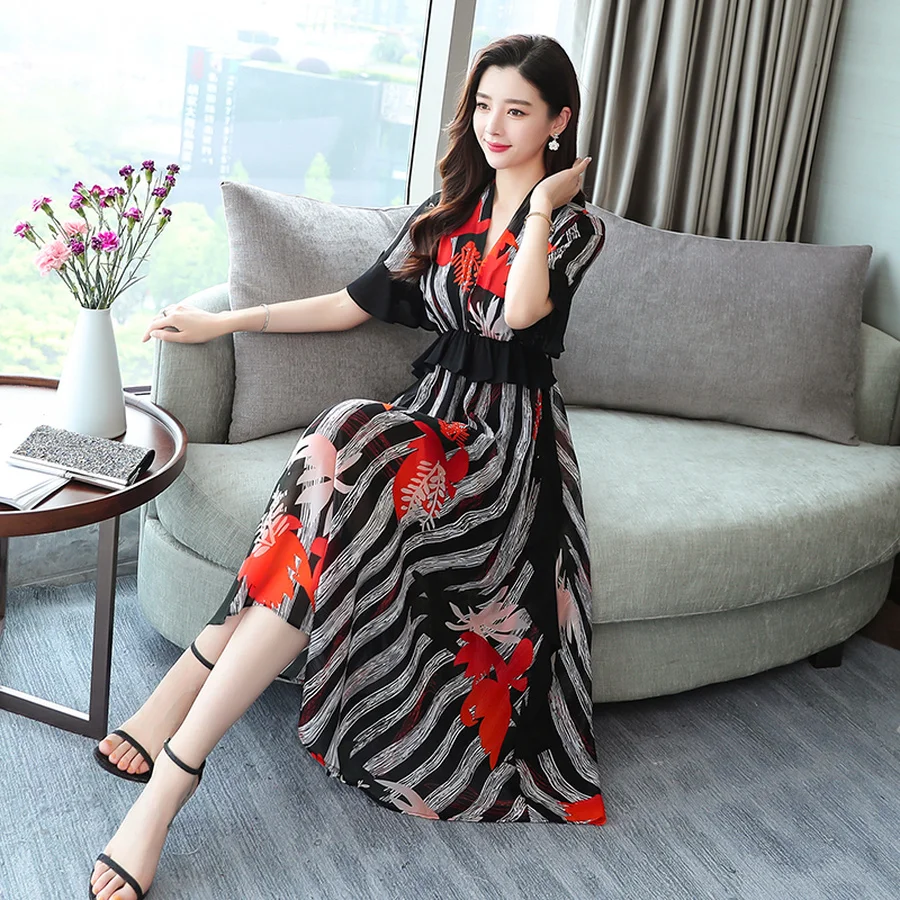 Летние винтажные сандалии с 3XL размера плюс принтом облегающее Пляжное платье 2021