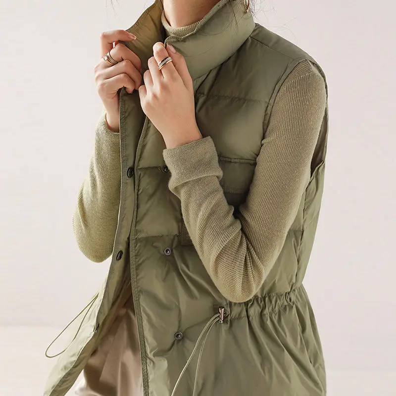 

Women Sleeveless Down Vest 2021 Autumn Winter Women's Ultra Light 90% White Duck Down Vest Drawstring Slim Warm Waistcoat