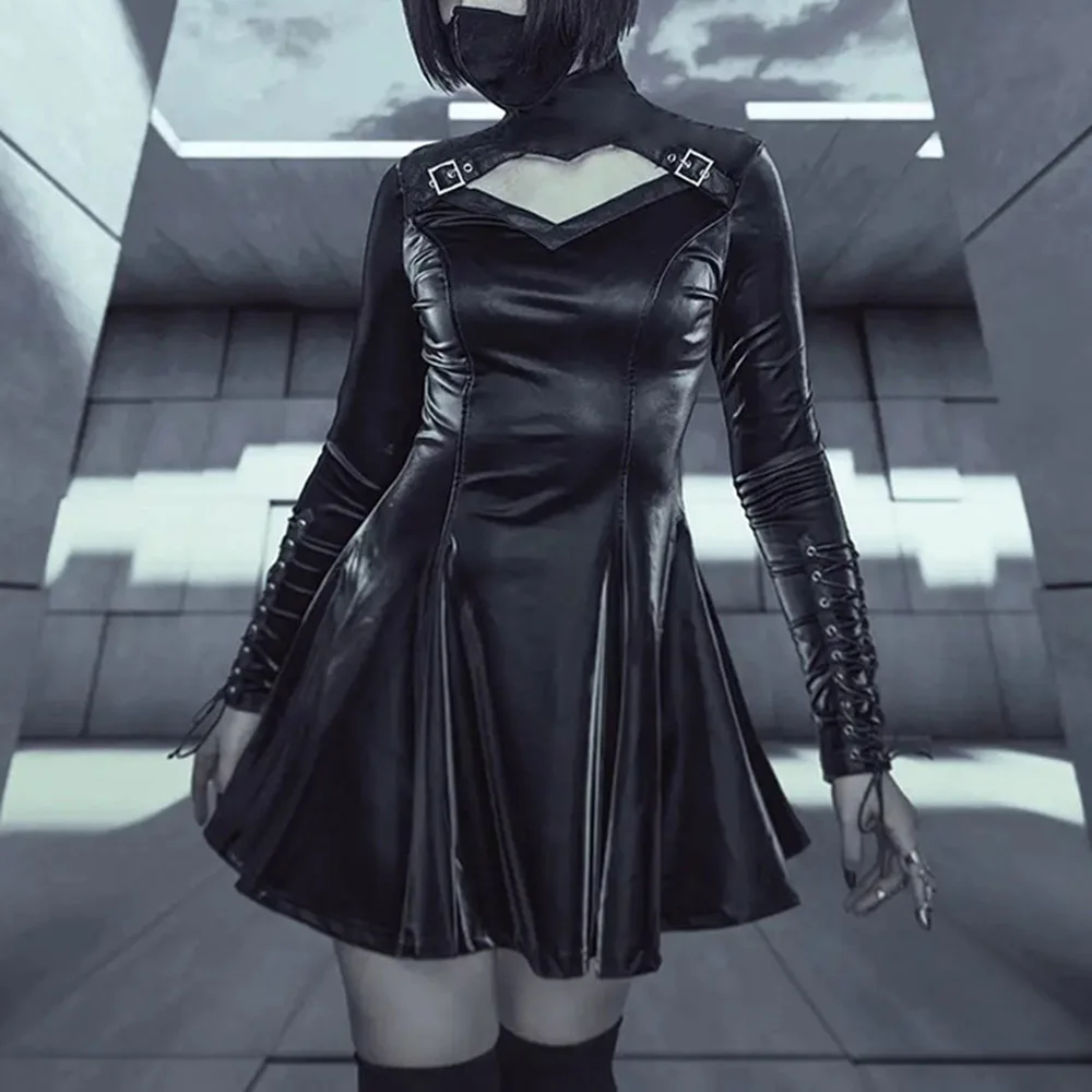 New Fashion Autumn Winter Dark Gothic Style Long-sleeved Leather Dress, High-neck Straps, Buckle, Zipper, Slim Leather Dress