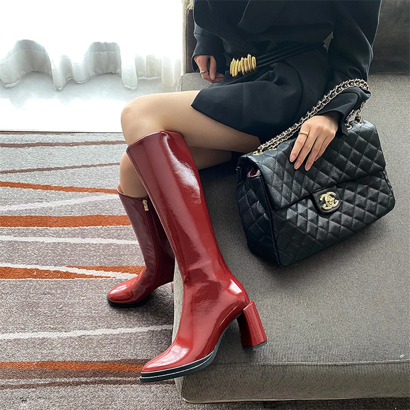 

ANNYMOLI Patent Leather Riding Boots Women Chunky High Heel Shoes Knee High Round Toe Zipper Lady Boots 2021 Autumn 42 Red Beige