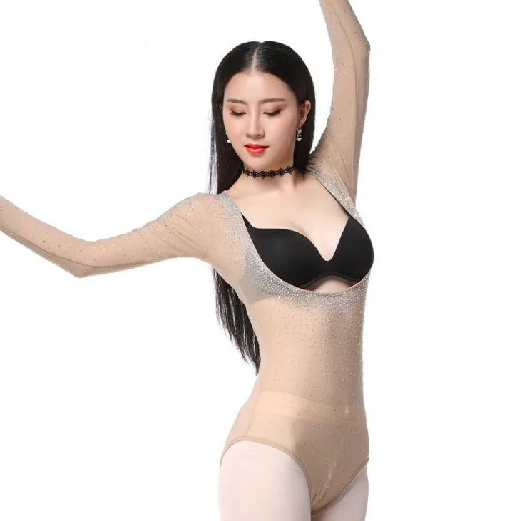 Женское блестящее трико с открытым бюстом топ для танца живота длинным рукавом и