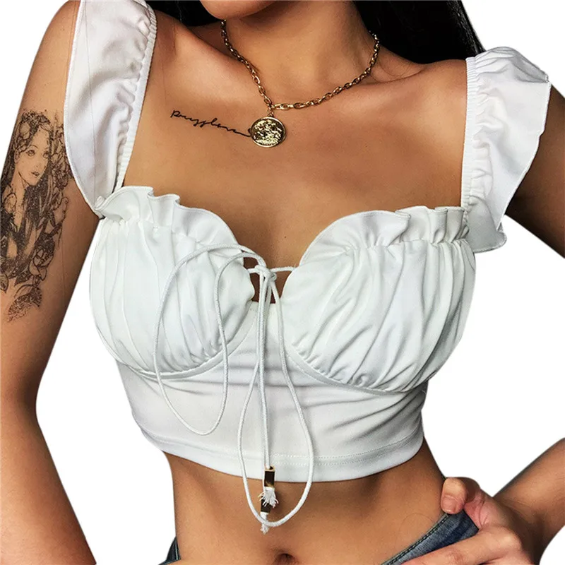 Hot Sale Sexy Women Drawstring White Tops Sleeveless Strap Ruffles Tank Vest 2020 New Summer OL Push Up Lace up Pure Formal Tank|Майки| |