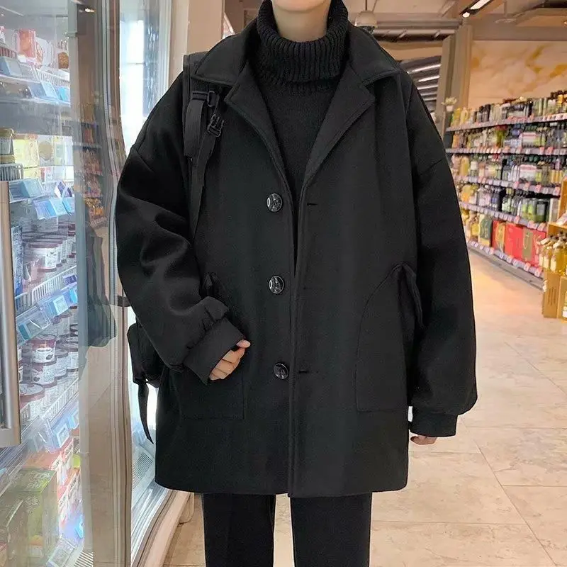 

Foufurieux Oversized Men Korean Solid Winter Coat 2021 Wool Coat Male Black Harajuku Trench Coat Flannel Button Jackets And Coat