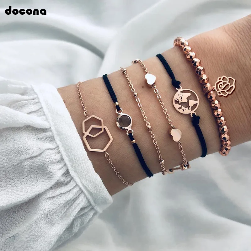 Docona, 6 шт./1 комплект, богемная карта мира, многослойный браслет в виде сердца и цветка, набор для женщин, черный браслет с подвеской из бусин, браслет, браслет, 7122