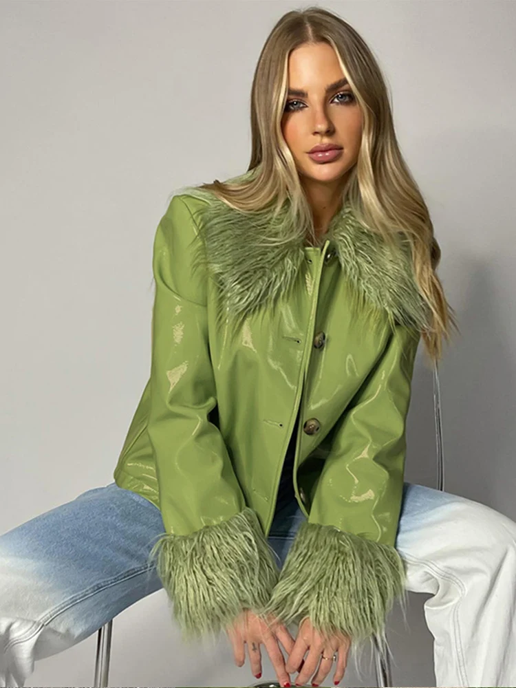 

Осенняя Женская куртка из искусственной кожи с меховым воротником и длинным рукавом, осенняя Свободная Повседневная Уличная одежда на пуго...