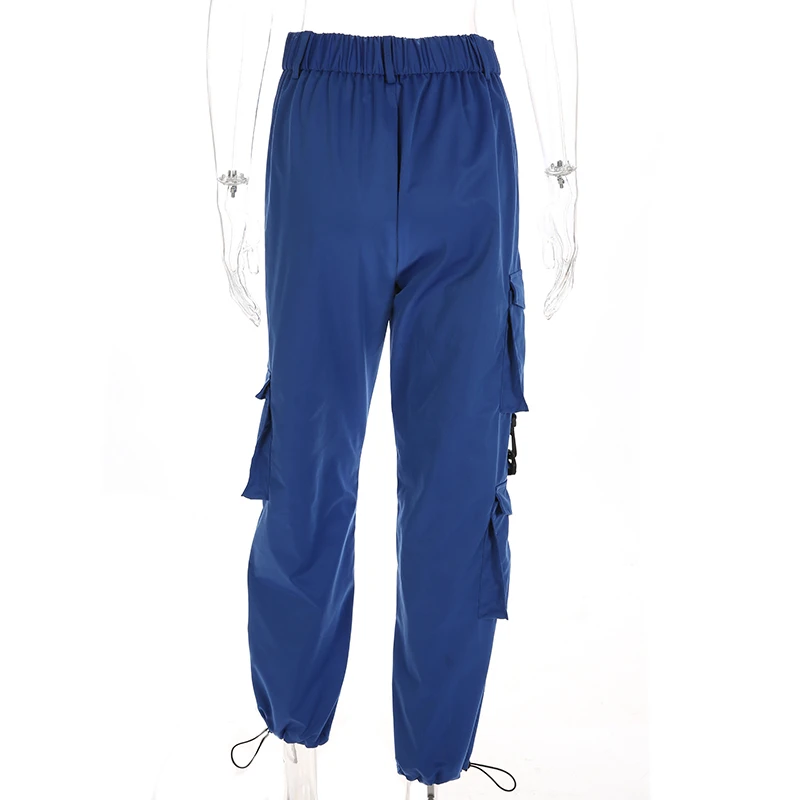 Женские синие брюки-карго с высокой талией Модные свободные брюки карманами