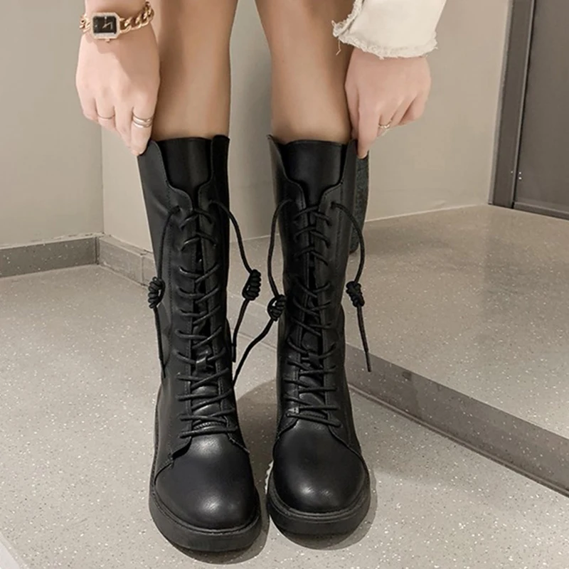 

Rimocy Black Med Heels Mid Calf Boots Women Autumn Winter Fashion Lace Up Platform Boots Woman Pu Leather Riding Booties Mujer