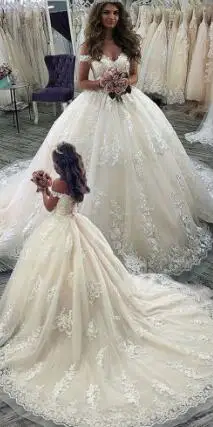 mother dress Бальное платье с открытыми плечами Свадебные платья с кружевными аппликациями платья для девочек тюль на платье невесты свадебное платье - Цвет: mother dress