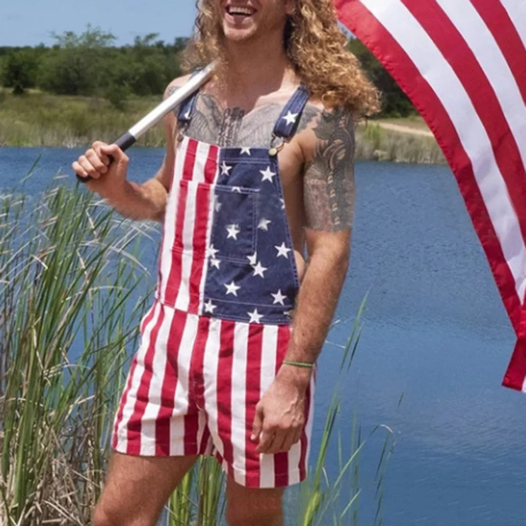 

Мужской комбинезон с принтом флага, Модный комбинезон на пуговицах в американском стиле на День независимости, летний повседневный комбине...