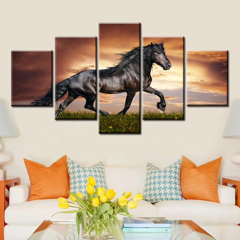

5 Panels Running Steed Horse Sea Sunset Canvas Paintings Prints Animal Horses Poster Wall Art for Living Room Decor Pictures