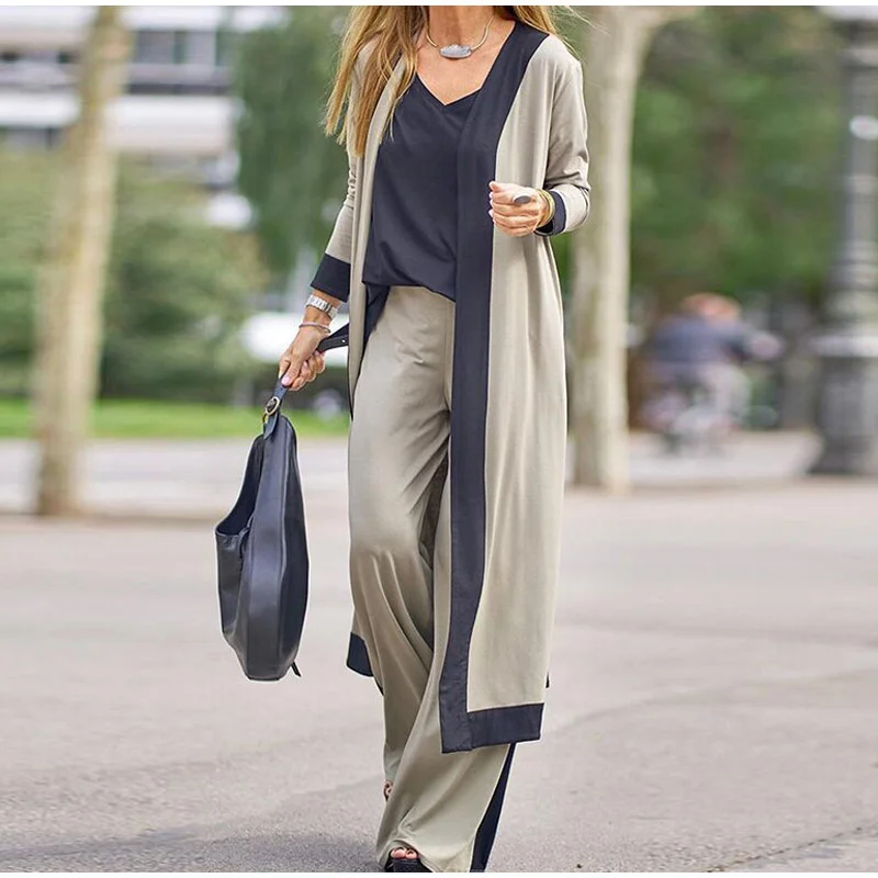 

Elegant Office Lady Three Piece Set Women's Vintage V Neck Vest Tops Cardigan Long Pants Suit Patchwork Outfits Female Autumn