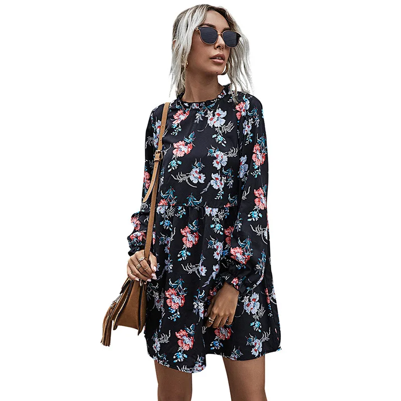 

2021 new spring autumn women black print dress ladies fashion woman clothes casual high waist temperament loose vintage dresses