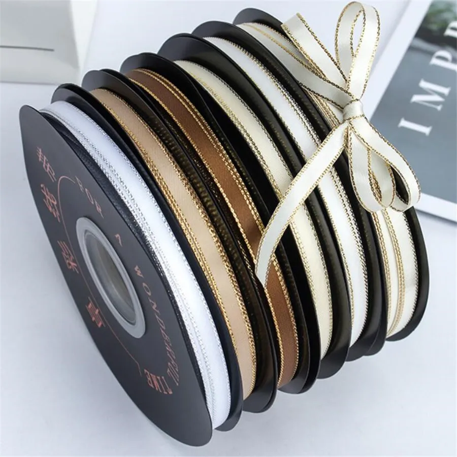 

1/4 Inch 6MM Gold Edge Satin Ribbon for Wedding Christmas Halloween Birthday Party Festival Flowers Gift Box Wrapping 50Yards