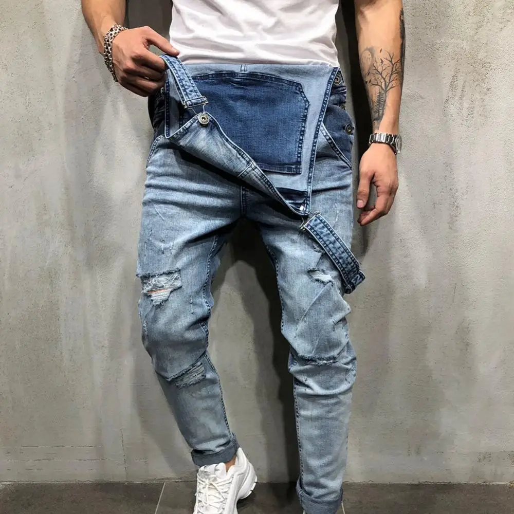 Wholesale Retro Summer Men Ripped Denim Overalls Destroyed Hole Long Pants Jeans Jumpsuit