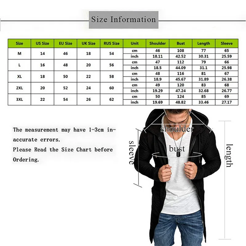 

New Mens Hooded Solid Trench Coat Jacket Cardigan Long Sleeve Outwear Male Autumn Winter Slim Fit Long Coat Top