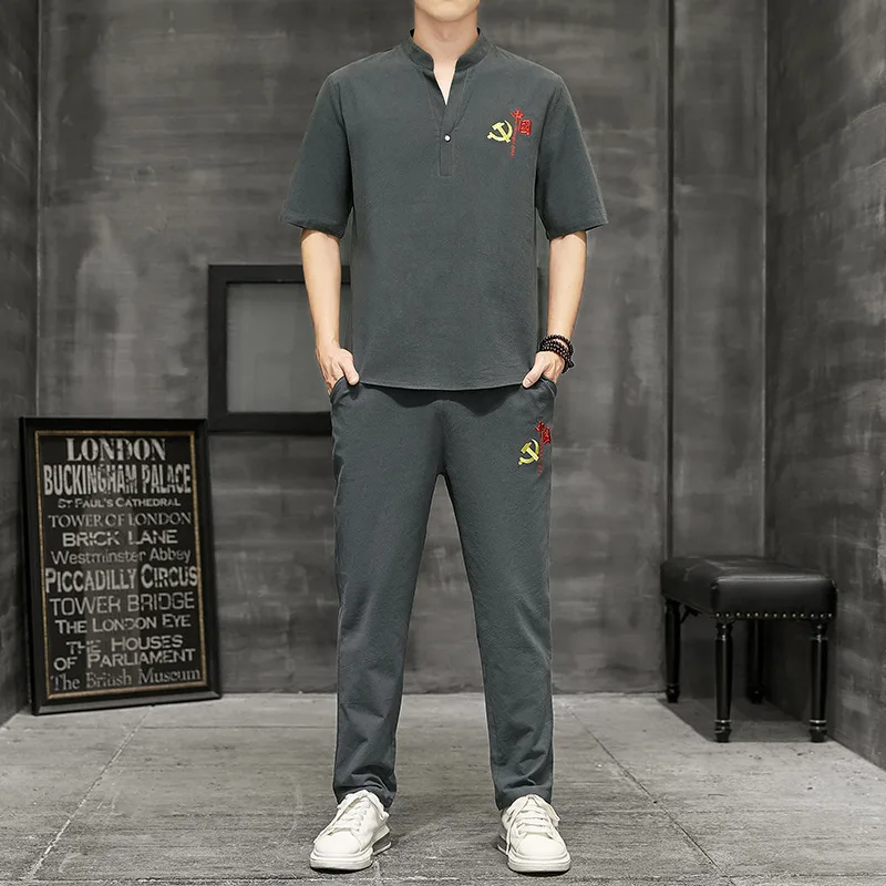 

Short Sleeve Suit Loose Ankle-length Pants Retro Chinese 's Casual Men 's Large Size Pant Closure Type Out Side Length Style