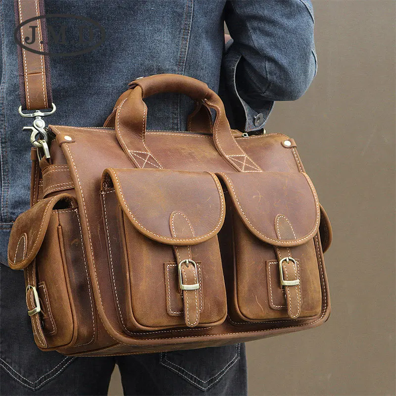 

J.M.D Hot Selling Genuine Vintage Crazy Horse Leather Laptop Briefcase Bag Hand bags High Quality