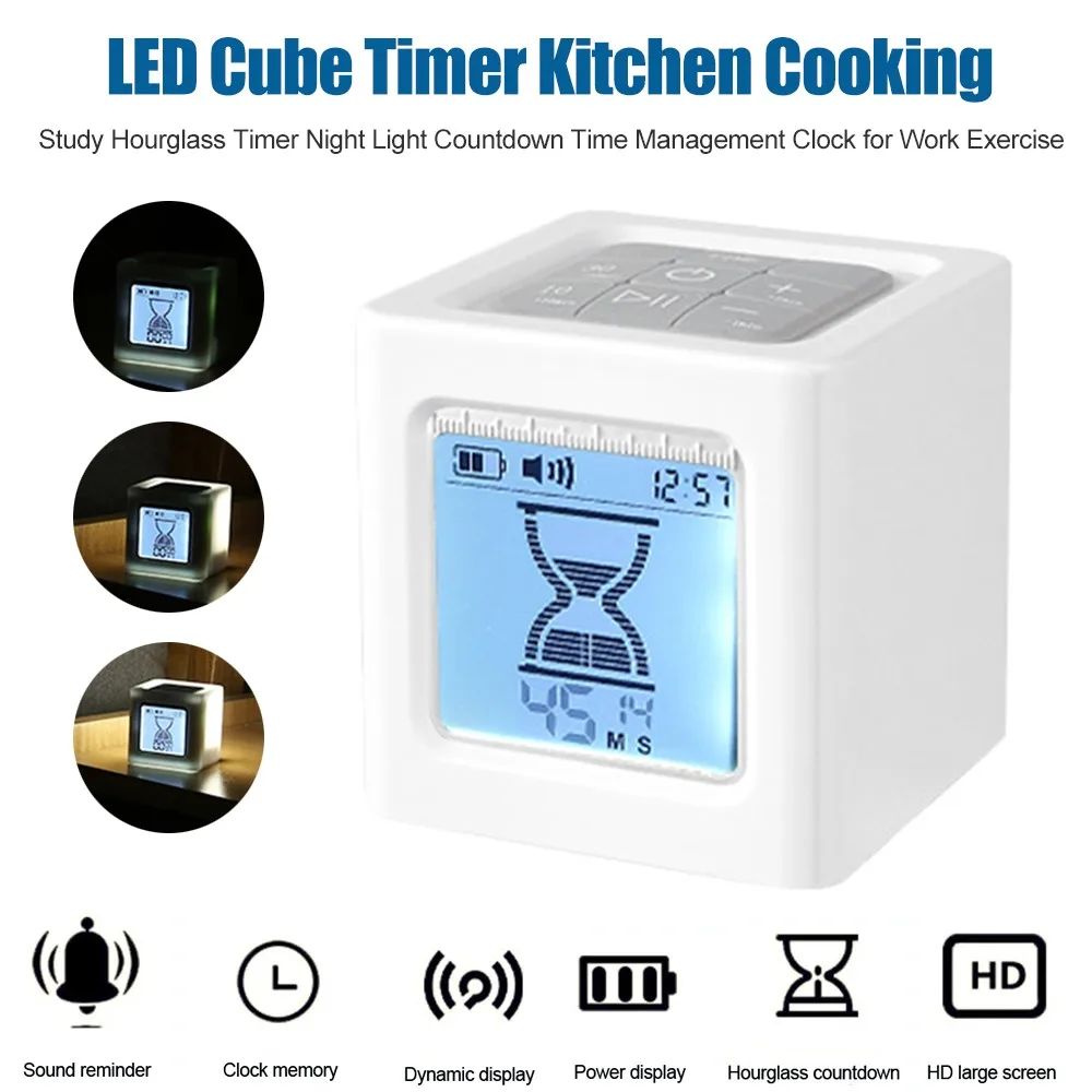 

Светодиодный кубический таймер, кухонные часы с песочными часами для обучения приготовлению пищи, светильник, обратный отсчет времени для ...