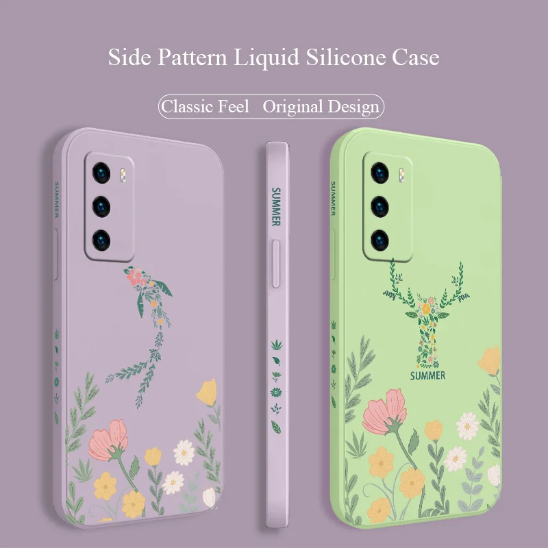 

Plant Elk Square Liquid Silicone Case For Huawei P40 P50 P30 P20 Pro Lite Mate 40 30 20 Pro Lite Nova 5t Y7A Soft Phone Cover