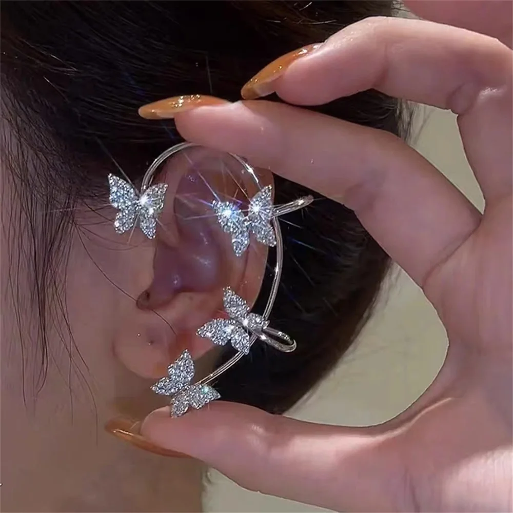 

EN Silver Plated Metal Butterfly Ear Clips Without Piercing For Women Sparkling Zircon Ear Cuff Clip Earrings Wedding Jewelry