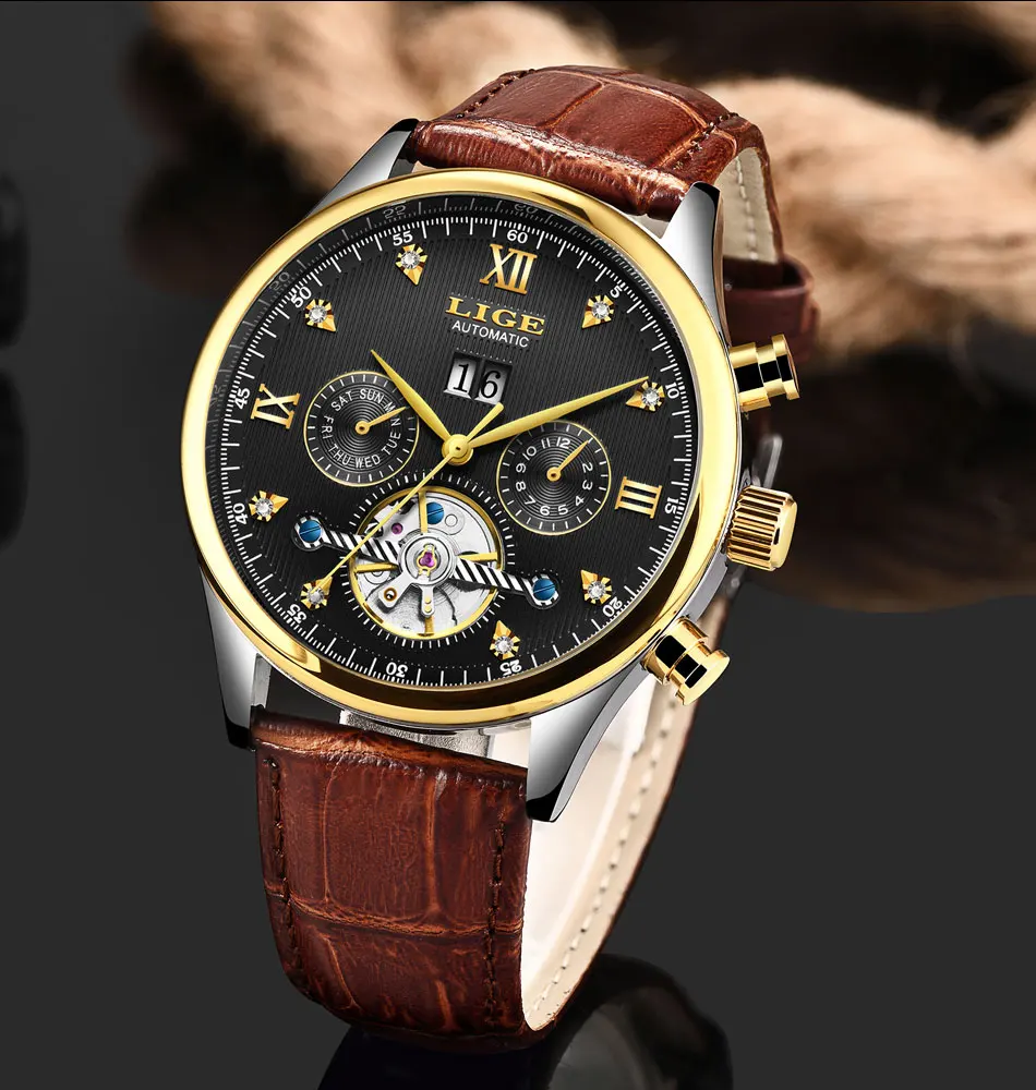 LIGE Брендовые мужские часы автоматические механические часы Tourbillon спортивные часы кожаные повседневные деловые часы в ретро-стиле Relojes Hombre