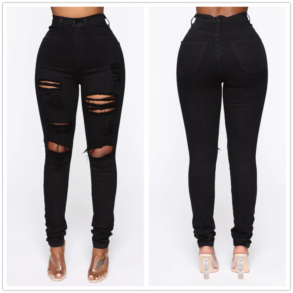 

2020 New Black Ripped Jeans For Women Fashion High Waist Denim Pencil Pants Stretch Slim Skinny Trousers XS-XL Global Drop Ship