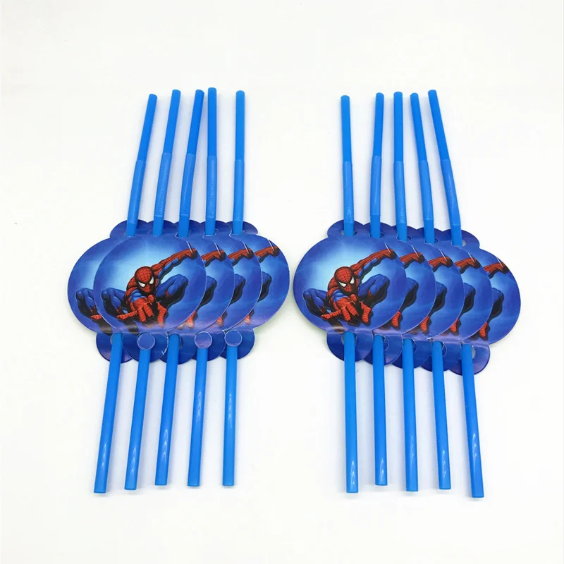 straws-10pcs На тему Человека-паука для детей, мальчиков, прекрасный день рождения, вечерние милые чашки, тарелки, маски для душа, одноразовые столовые приборы - Цвет: straws-10pcs