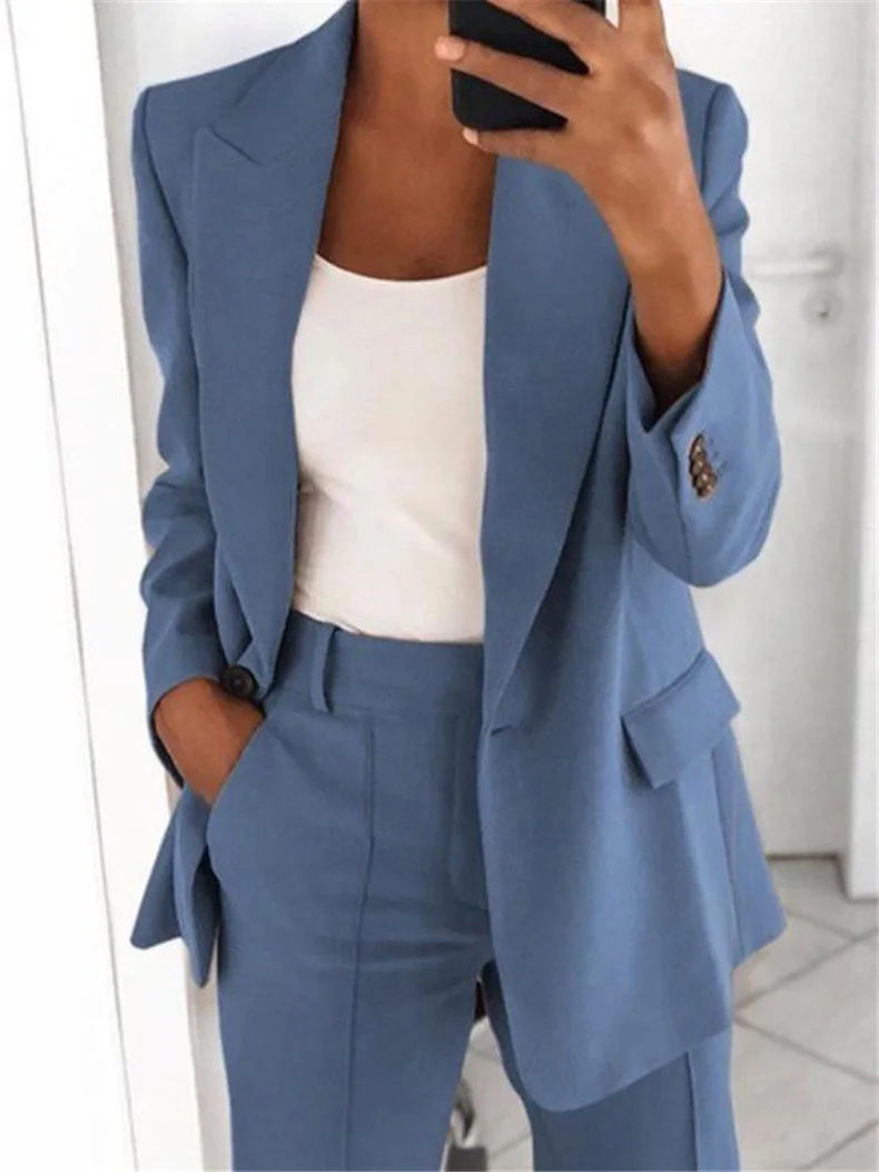 

2021 spring and autumn new fashion casual solid color suit collar long-sleeved slim temperament jacket ladies clothes