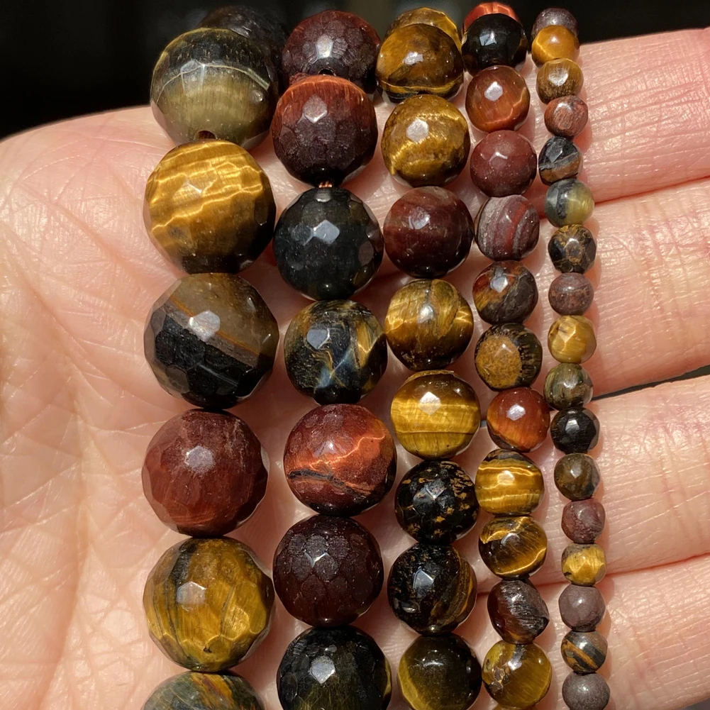 

4 6 8 10 12mm Natural Faceted Multicolor Tiger Eye Stone Round Loose Spacer Beads For Jewelry Making DIY Bracelet