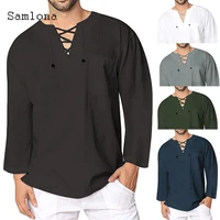 samlona long sleeve shirt basic linen tops sexy men clothing 2021 summer casual pullovers fashion lace up v neck mens blouse