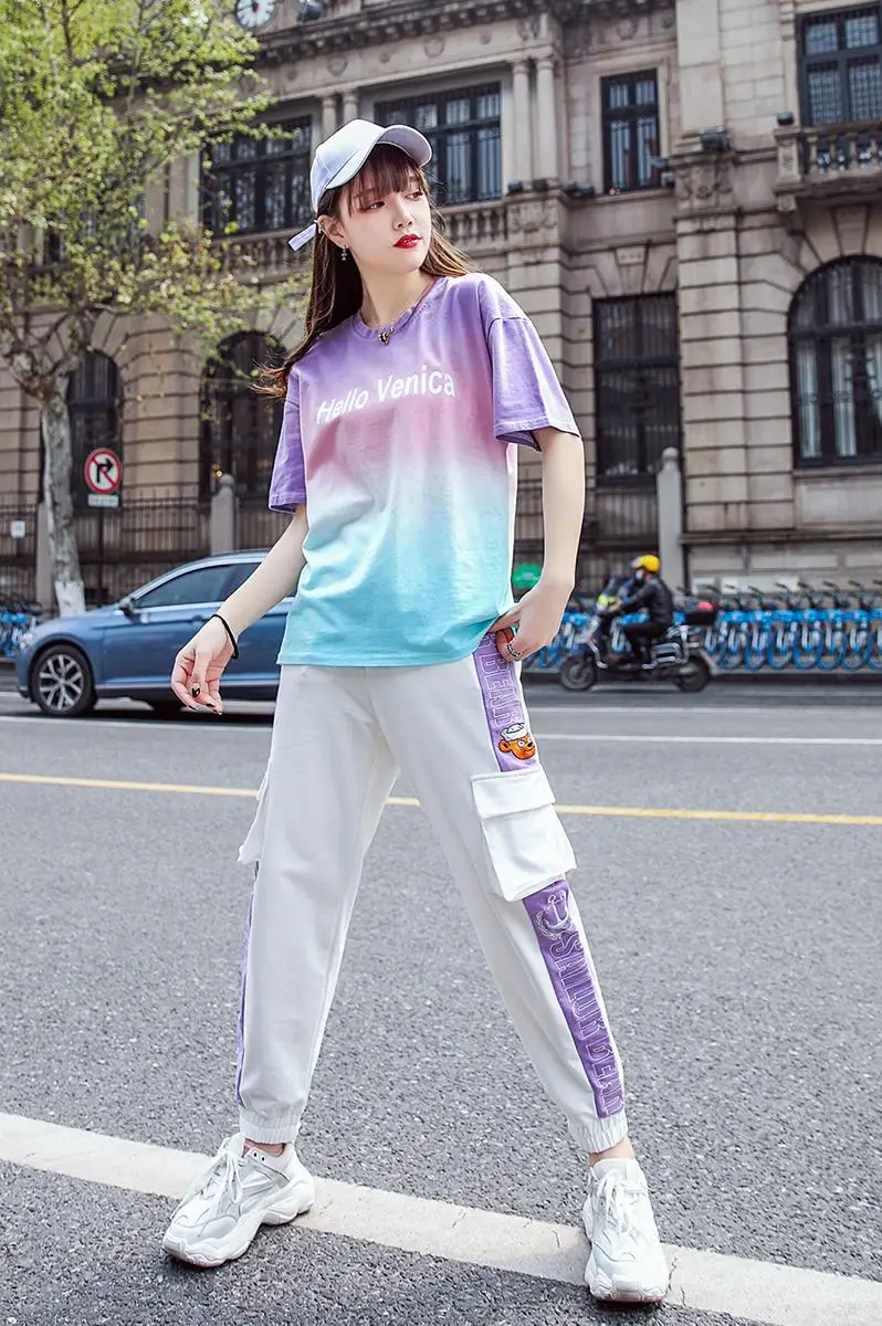 

2020 Summer new Tracksuit for women female casual loose letter two piece set top and pants Gradient sports suit two-piece suit