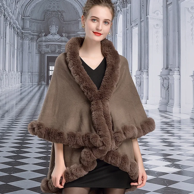 2019 зимняя женская накидка с воротником из искусственного кроличьего меха