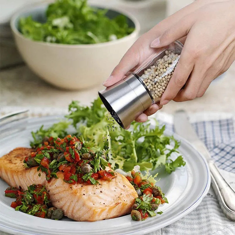 

Salt and Pepper Shakers Set - High Grade Stainless Steel with Glass Bottom