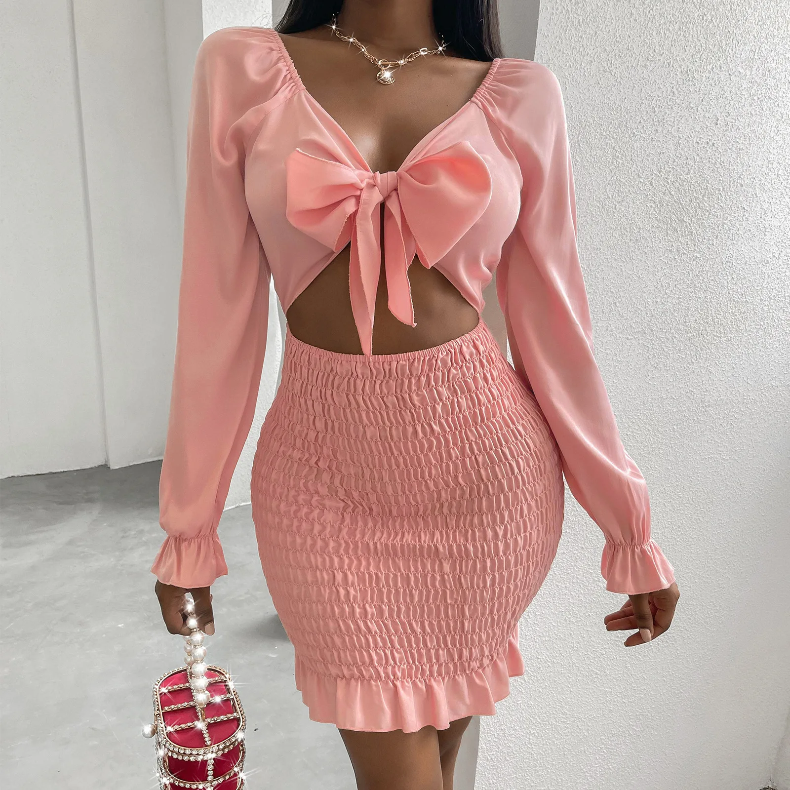 

Aniow Solid V-neck Lace Up Bow Mini Dress Hollow Out Sexy Stretch Dresses Long Sleeve Elegant Ladies Autumn Robe Outfits