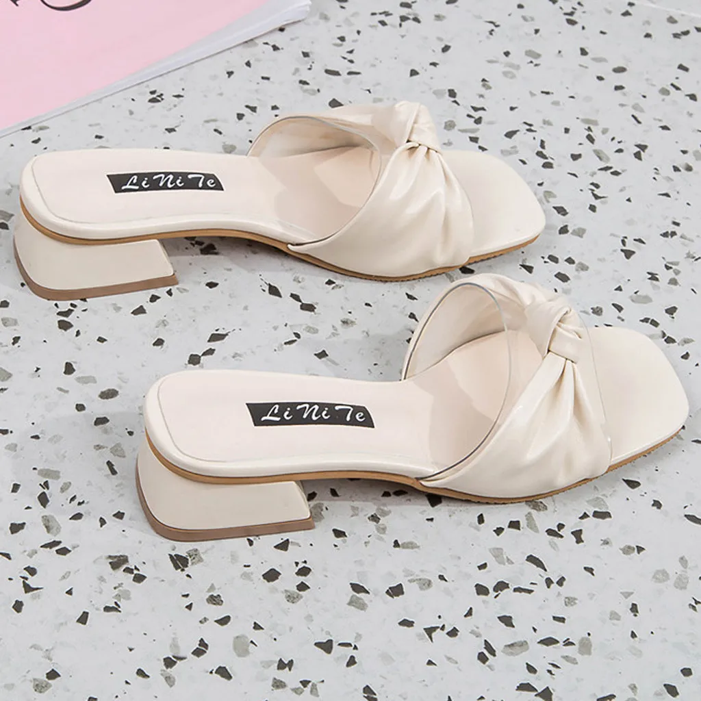 

Pointed Toe half heel slippers Square heel High heels slippers Ladies 2020 summer shoes women Fashion bow Shallow shoes