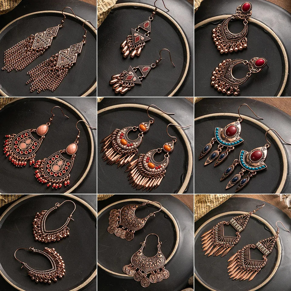 

Bohemia Rose Gold Tassel Fringe Drop Earrings for Women Vintage Ethnic Natural Stones Round Geometric Earrings Female Jewelry