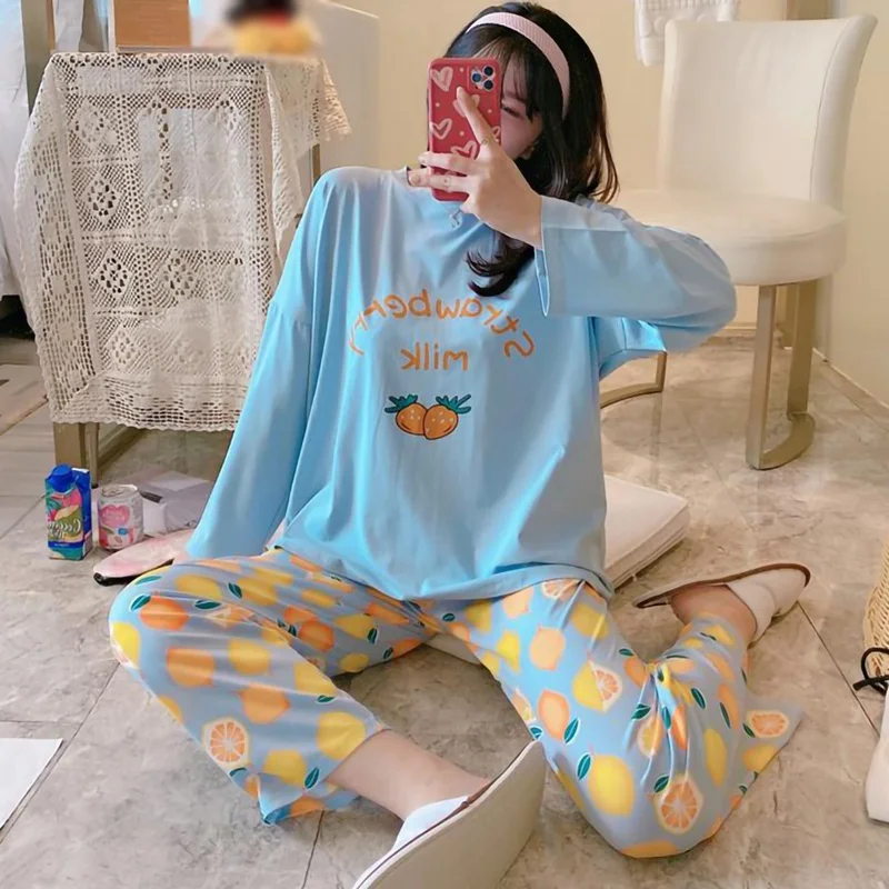 

Women Casual Loose Cotton Homewear Cute Strawberry Pajamas Long Sleeve 2-Piece Set Women's Pajama Sets