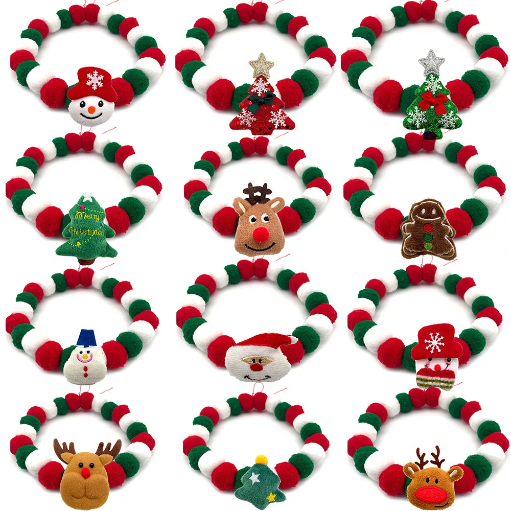 

1pcs Christmas Pet Dog Bow Tie Hair Ball Necklace Collar Snowman Deer Pet Dog Cat Bowties Neckties Dog Grooming Accessories
